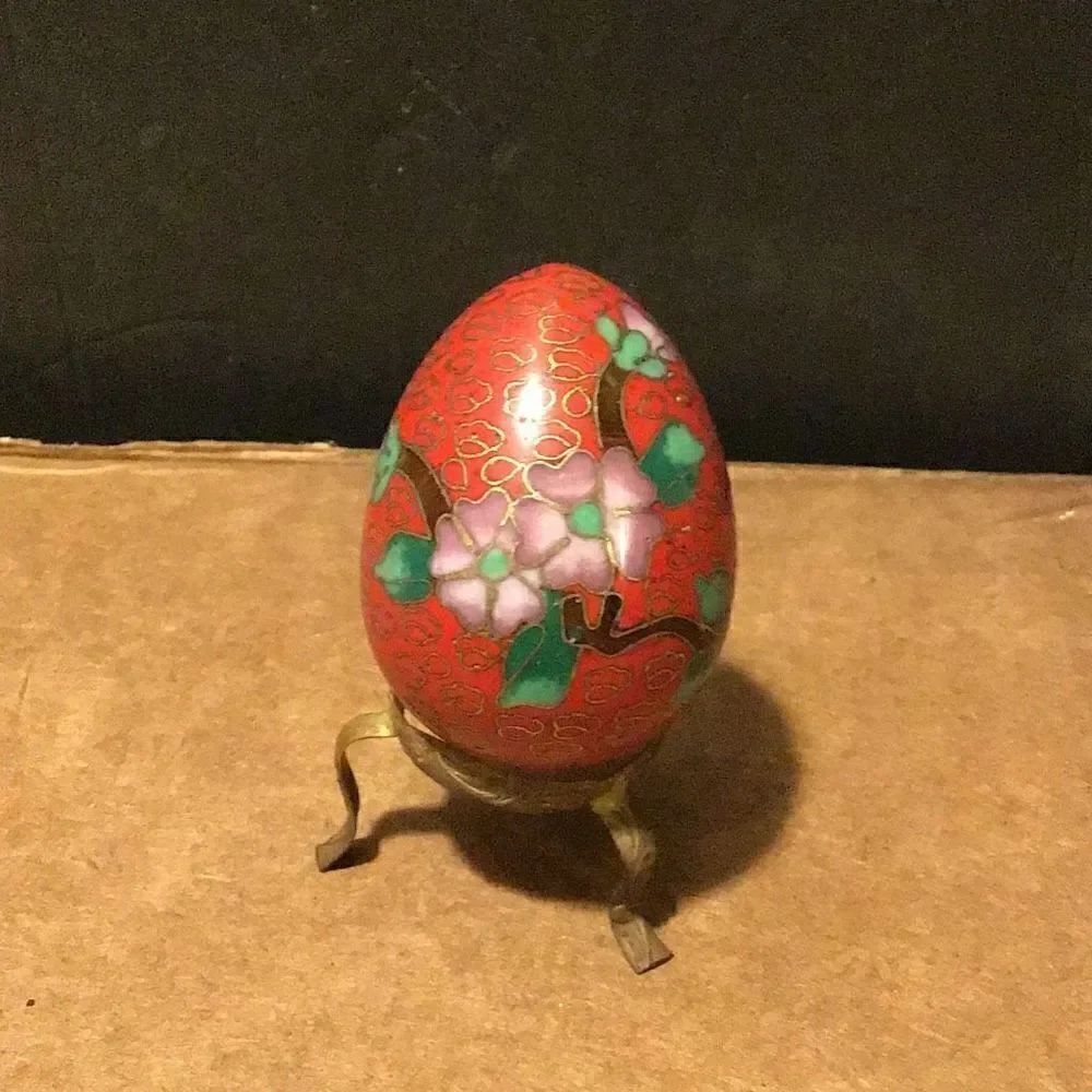 Vintage Cloisonné red egg with pink flowers
